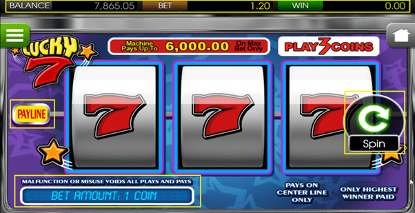Hướng dẫn chơi Lucky7 tại sòng bạc 8xbet: Screenshot hiển thị vị trí của số dư, mức cược, số tiền thắng và loại đồng cược.