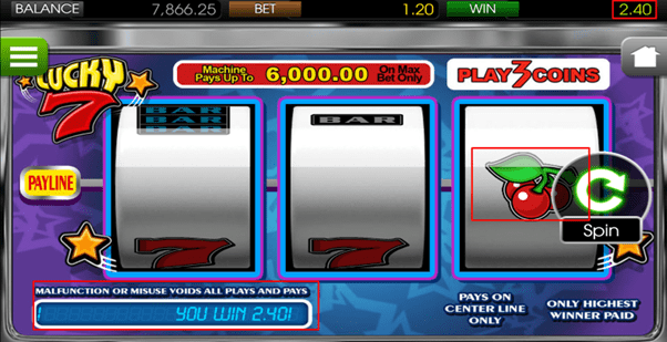 Kết quả sau khi quay trong trò chơi slot Lucky7 tại 8xbet: Số dư tài khoản 7865,05 và cược 1 xu với số tiền là 1,20