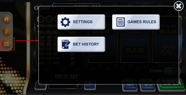 Nhấn vào thanh menu ở phía bên trái của màn hình để xem quy tắc trò chơi 8xbet Go Gold, thiết lập các cài đặt ưa thích của bạn và xem lịch sử cược.